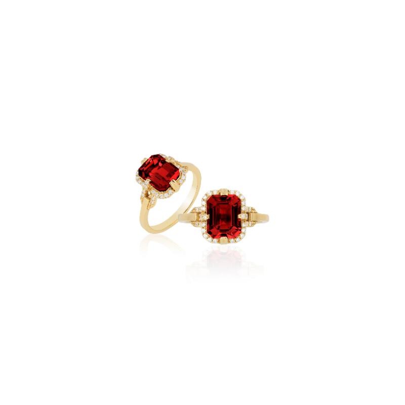 Garnet Emerald Cut Ring with Diamonds in 18K Yellow Gold.