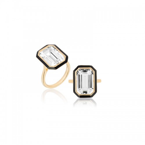 Rock Crystal Emerald Cut Ring With Black Enamel In 18K Yellow Gold.
