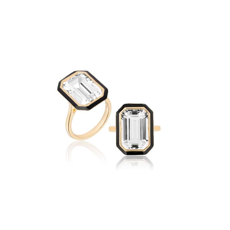 Rock Crystal Emerald Cut Ring With Black Enamel In 18K Yellow Gold.