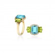 Blue Topaz & Peridot 3 Stone Emerald Cut Ring with Diamond in 18K Yellow Gold.