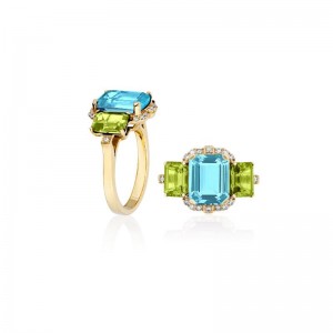 Blue Topaz & Peridot 3 Stone Emerald Cut Ring with Diamond in 18K Yellow Gold.