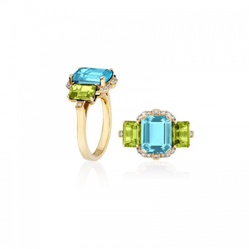 Blue Topaz & Peridot 3 Stone Emerald Cut Ring with Diamond in 18K Yellow Gold.