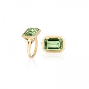 East West Prasiolite Emerald Cut Bezel Ring In 18K Yellow Gold.