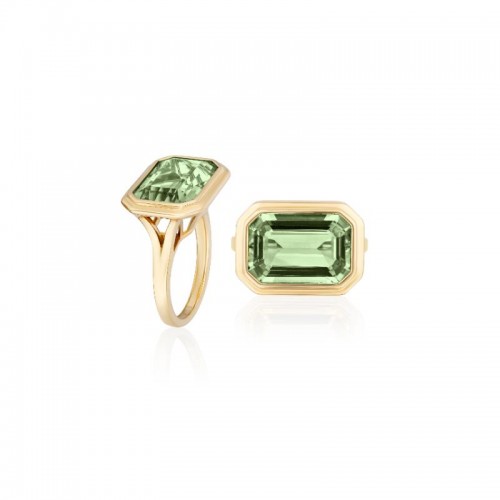 East West Prasiolite Emerald Cut Bezel Ring In 18K Yellow Gold.