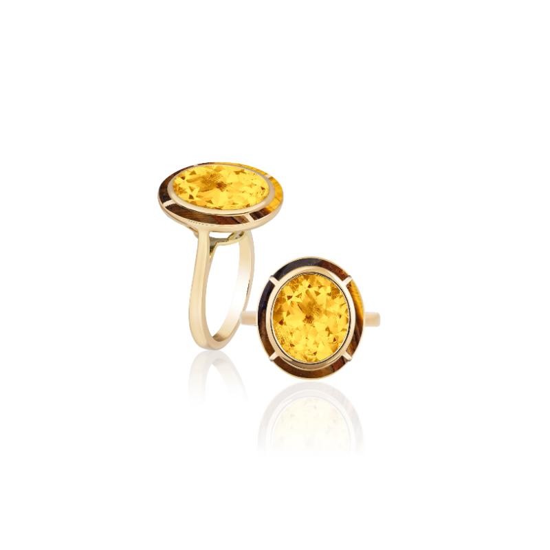 Citrine Oval Ring With Tiger  Eye Inlay In 18K Yellow Gold.