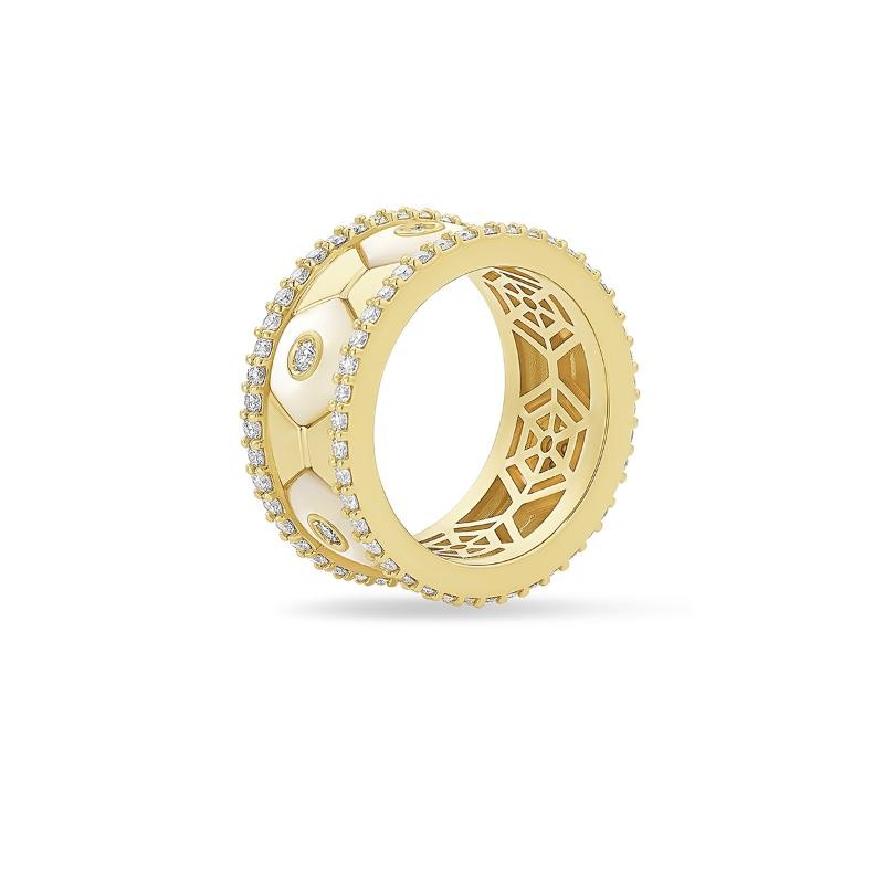 18K Yellow Gold Baia Band Ring  With Diamonds And Mother Of Pearl