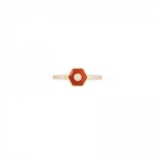 18K Yellow Gold Baia Stackable Ring  With Diamonds And Natural Coral