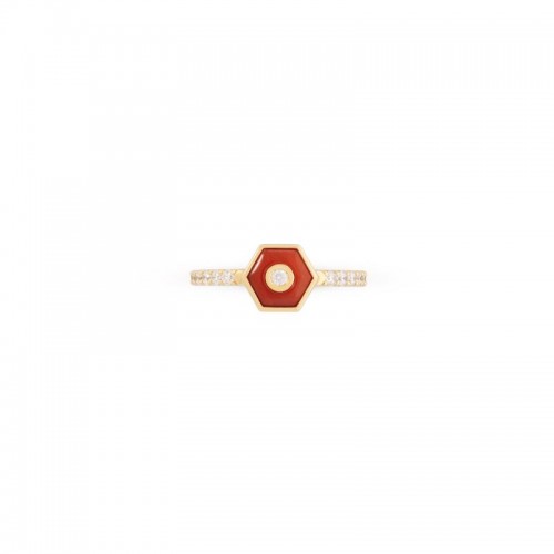 18K Yellow Gold Baia Stackable Ring  With Diamonds And Natural Coral