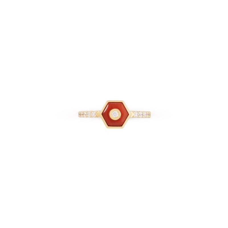 18K Yellow Gold Baia Stackable Ring  With Diamonds And Natural Coral