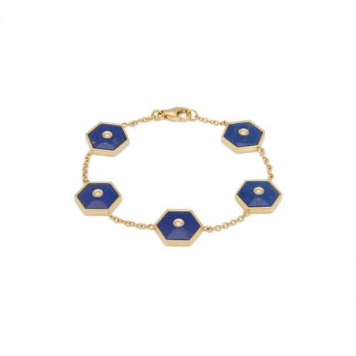 18K Yellow Gold Baia Link Bracelet  With Diamonds And Lapis