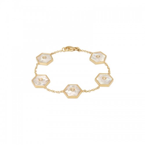 18K Yellow Gold Baia Link Bracelet  With Diamonds And Mother Of Pearl