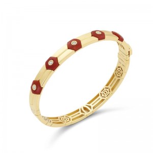 18K Yellow Gold Baia Bangle  With Diamonds And Natural Coral