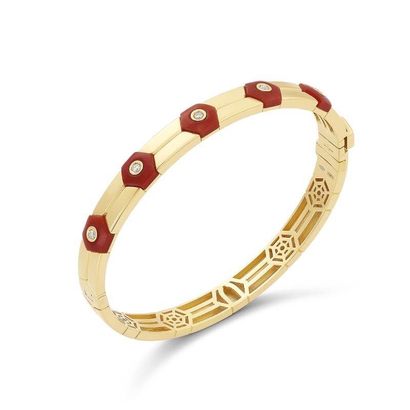 18K Yellow Gold Baia Bangle  With Diamonds And Natural Coral