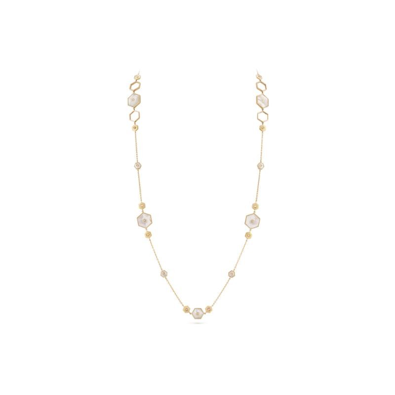 18K Yellow Gold Baia Long Necklace  With Diamonds And Mother Of Pearl