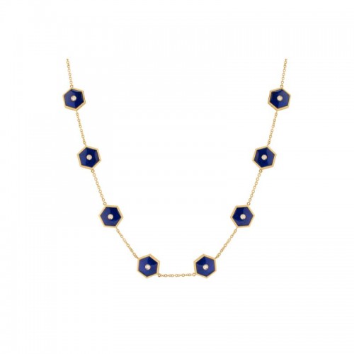 18K Yellow Gold Baia Necklace  With Diamonds And Lapis, 17 Inches
