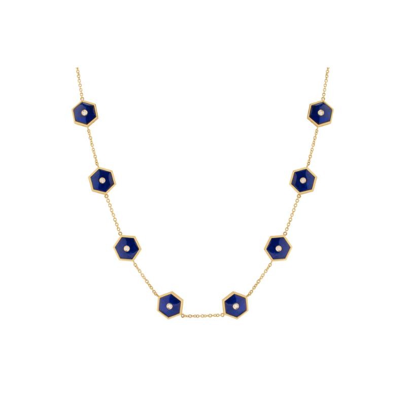 18K Yellow Gold Baia Necklace  With Diamonds And Lapis, 17 Inches
