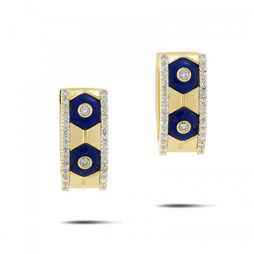 18K Yellow Gold Baia Huggie Earring  With Diamonds And Lapis