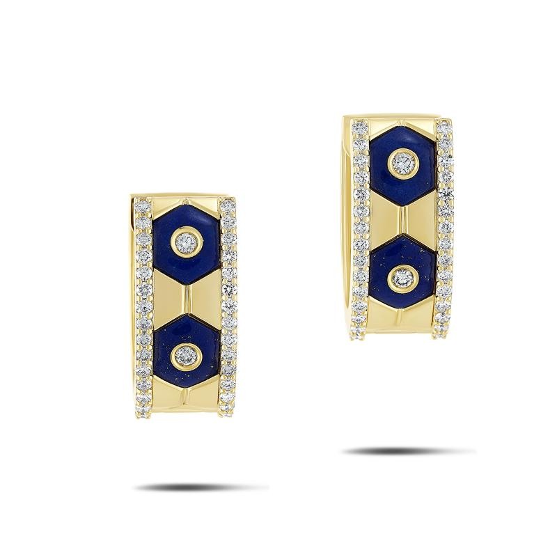 18K Yellow Gold Baia Huggie Earring  With Diamonds And Lapis