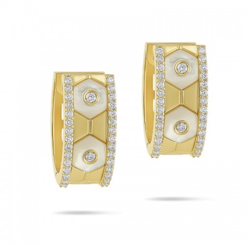 18K Yellow Gold Baia Huggie Earring  With Diamonds And Mother Of Pearl