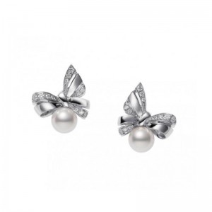 Jeux de Rubans Ribbon Diamod & Pearl Stud Earrings