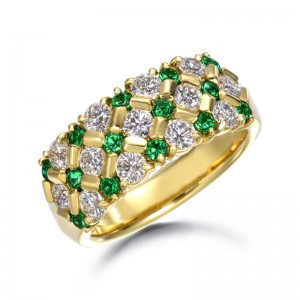 Round Emeralds and Diamonds on Gold Band