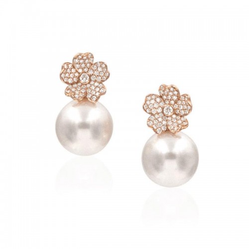 Cherry Blossom 18K Rose Gold Diamond Flower Stud Earrings